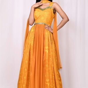 Yellow Geometric Print Anarkali With Dupatta